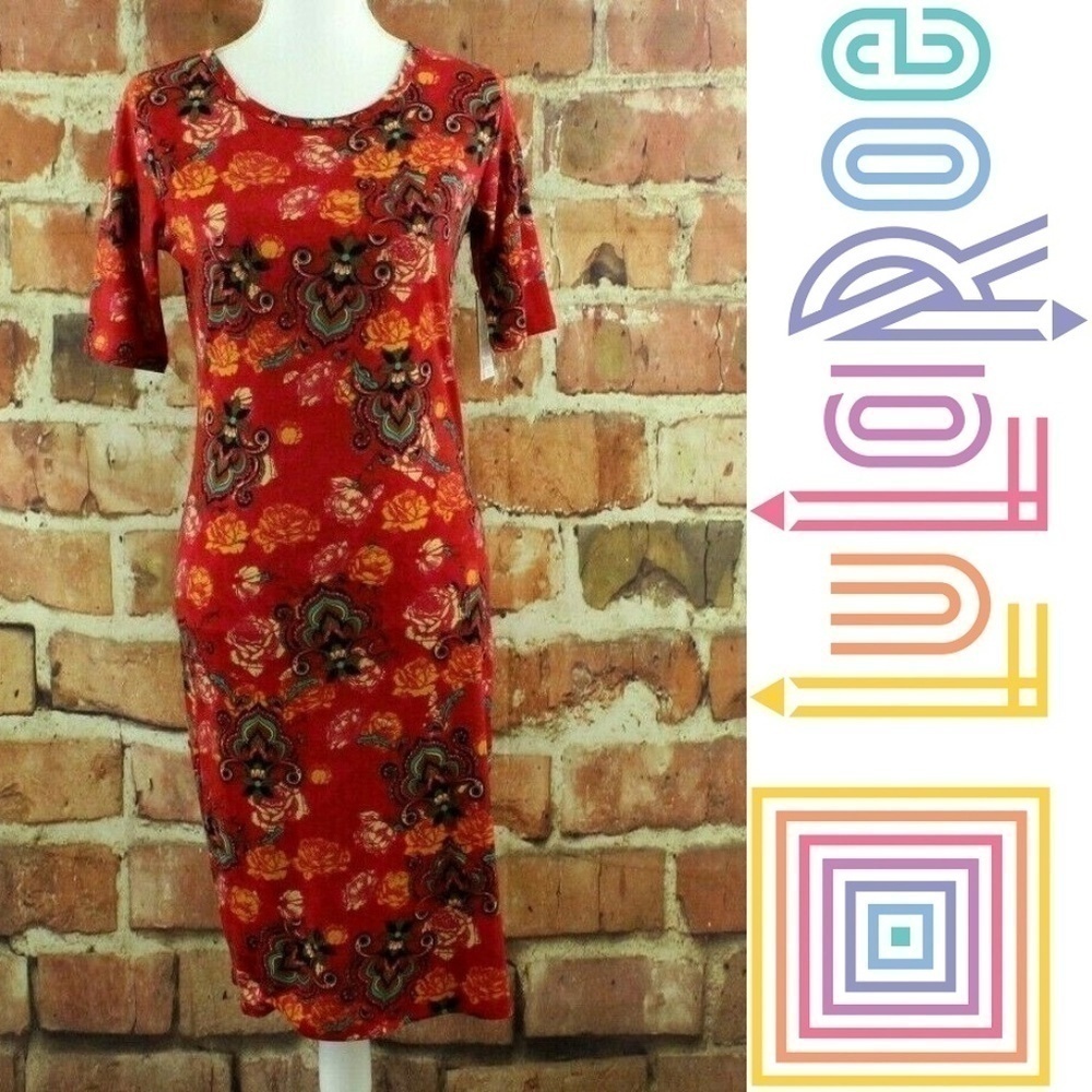 LULAROE Julia Dress Womens S Red Rose Floral Print Paisley Knee Length Knit NWT